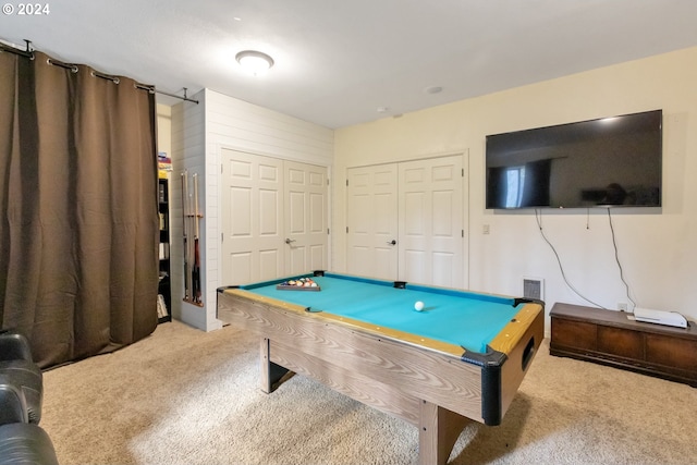 rec room with light carpet and pool table