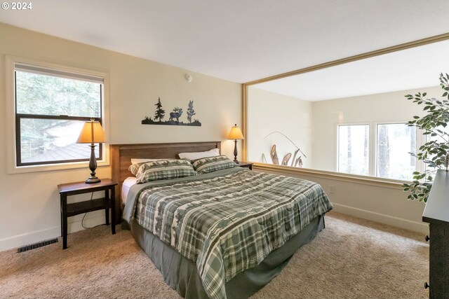 bedroom featuring light colored carpet