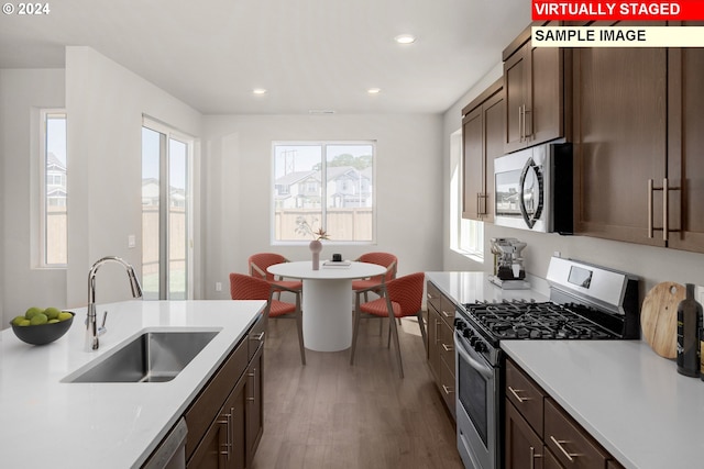 kitchen with dark brown cabinetry, hardwood / wood-style flooring, sink, and appliances with stainless steel finishes