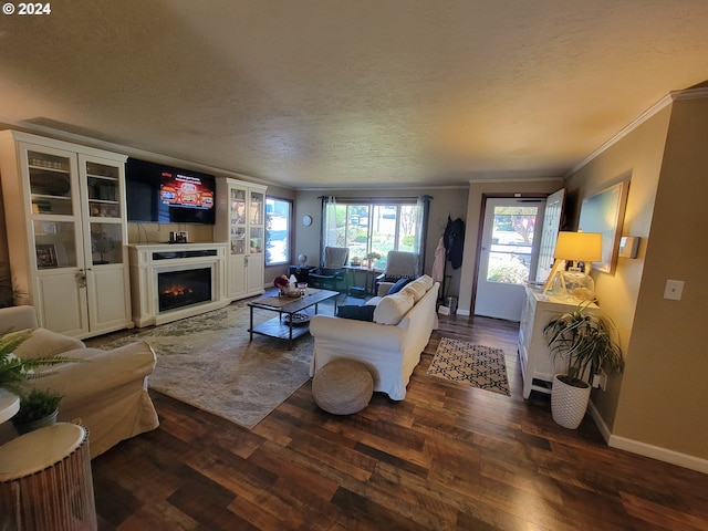 living room featuring a textured ceiling, crown molding, and dark hardwood / wood-style floors