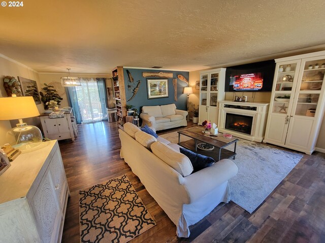 living room with ornamental molding, a textured ceiling, and dark wood-type flooring