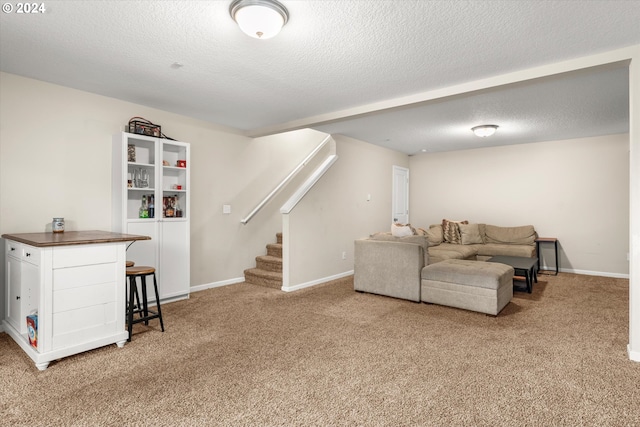 carpeted living room with a textured ceiling