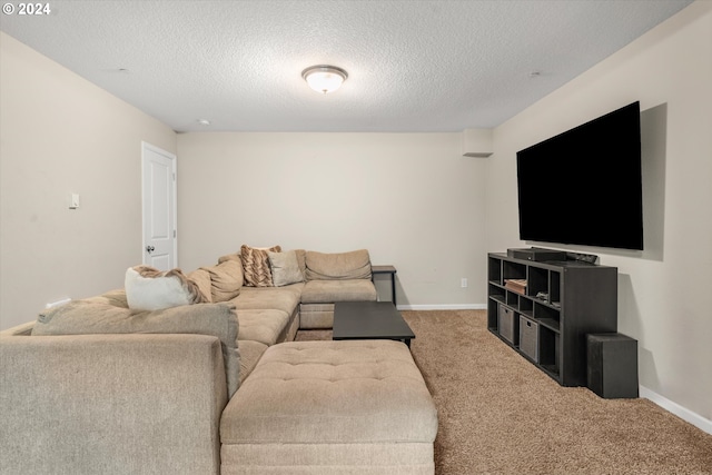 living room featuring carpet flooring and a textured ceiling