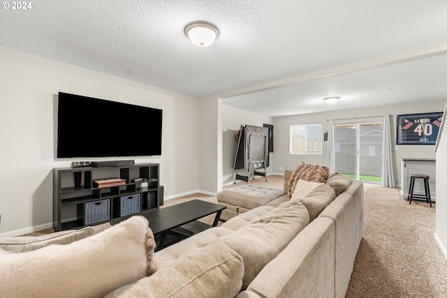 carpeted living room featuring a textured ceiling