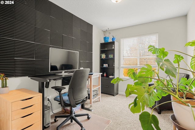 home office featuring carpet and a textured ceiling