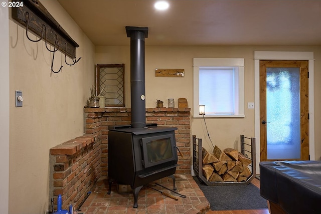 interior space with a wood stove