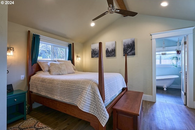 bedroom featuring dark hardwood / wood-style floors, lofted ceiling with beams, connected bathroom, and ceiling fan