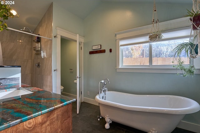 full bathroom featuring toilet, independent shower and bath, sink, and vaulted ceiling