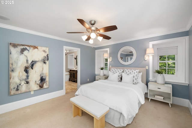 4243 SW Bertha Ave, Portland, OR 97239 - bedroom featuring ornamental molding, carpet floors, ceiling fan, and ensuite bath