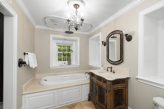 4243 SW Bertha Ave, Portland, OR 97239 - full bathroom featuring a chandelier, vanity, a bath, and crown molding
