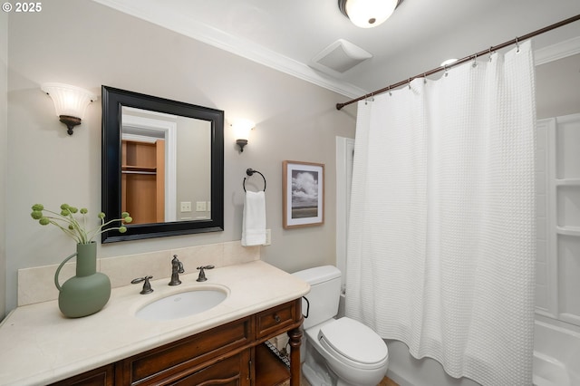 4243 SW Bertha Ave, Portland, OR 97239 - full bath with ornamental molding, vanity, and shower / bath combo with shower curtain