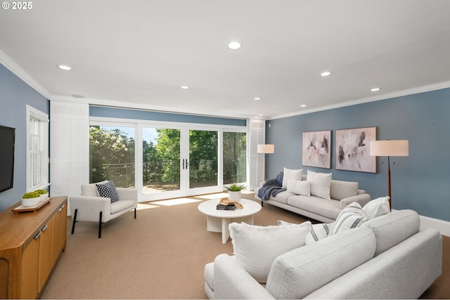 4243 SW Bertha Ave, Portland, OR 97239 - living room featuring ornamental molding, recessed lighting, and light carpet