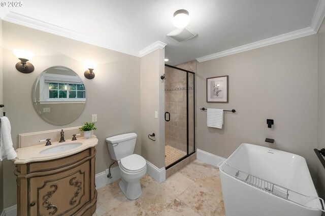 4243 SW Bertha Ave, Portland, OR 97239 - bathroom with ornamental molding, a shower stall, vanity, and a freestanding bath