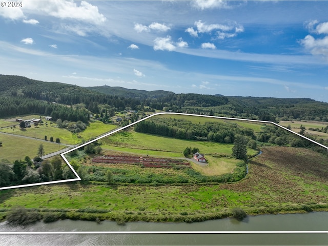 aerial view featuring a rural view and a water and mountain view