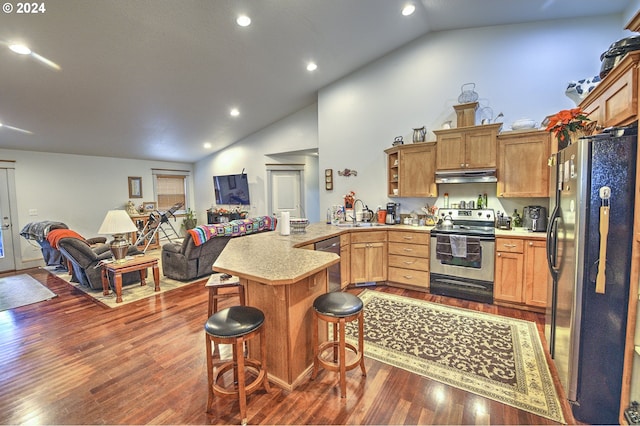 kitchen with lofted ceiling, a breakfast bar, sink, dark hardwood / wood-style floors, and stainless steel appliances