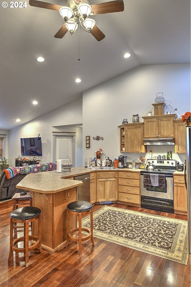 kitchen with vaulted ceiling, appliances with stainless steel finishes, sink, dark hardwood / wood-style flooring, and a kitchen bar