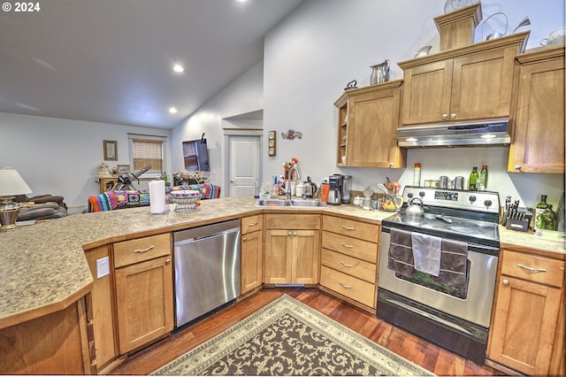 kitchen with vaulted ceiling, appliances with stainless steel finishes, sink, dark hardwood / wood-style flooring, and kitchen peninsula