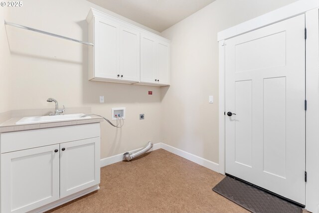 washroom featuring cabinets, washer hookup, light carpet, electric dryer hookup, and sink