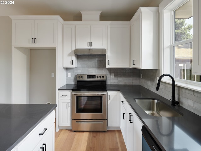 kitchen featuring stainless steel range with electric stovetop, white cabinetry, and light hardwood / wood-style flooring