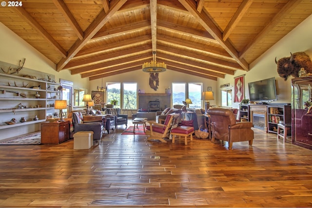 living room with dark hardwood / wood-style flooring, beamed ceiling, wood ceiling, and high vaulted ceiling