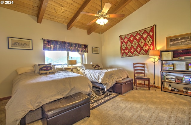 carpeted bedroom with beamed ceiling, high vaulted ceiling, ceiling fan, and wooden ceiling