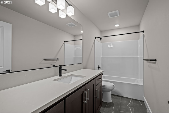 full bathroom featuring toilet, vanity, and shower / washtub combination