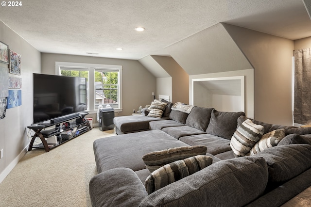 carpeted living room with a textured ceiling and lofted ceiling