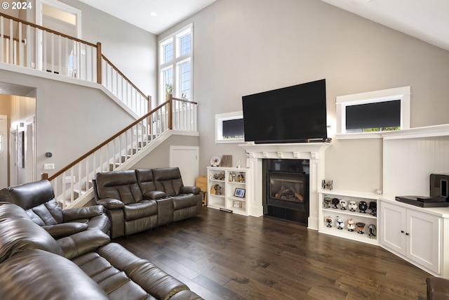 living room featuring high vaulted ceiling and dark wood-type flooring