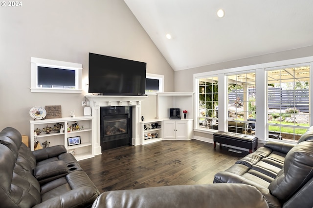 living room featuring high vaulted ceiling and dark hardwood / wood-style flooring