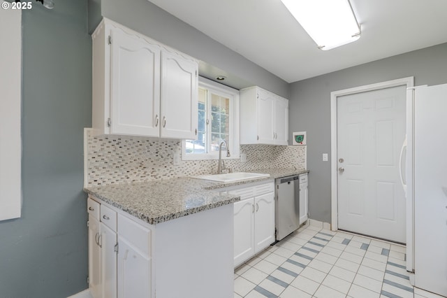 kitchen with sink, dishwasher, white cabinets, decorative backsplash, and white fridge