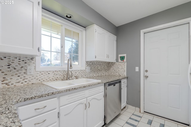 kitchen with sink, decorative backsplash, stainless steel dishwasher, and white cabinets