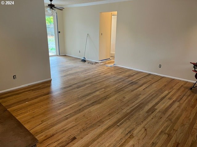 unfurnished room with ceiling fan, light wood-type flooring, and crown molding