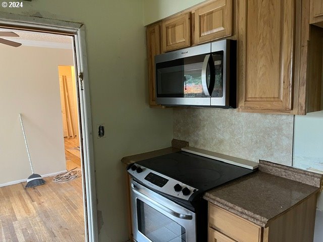 kitchen featuring ceiling fan, light hardwood / wood-style flooring, and appliances with stainless steel finishes