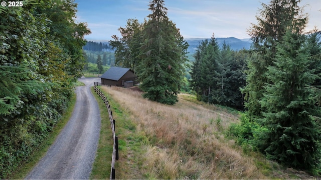 view of street featuring driveway, a forest view, a mountain view, and a rural view