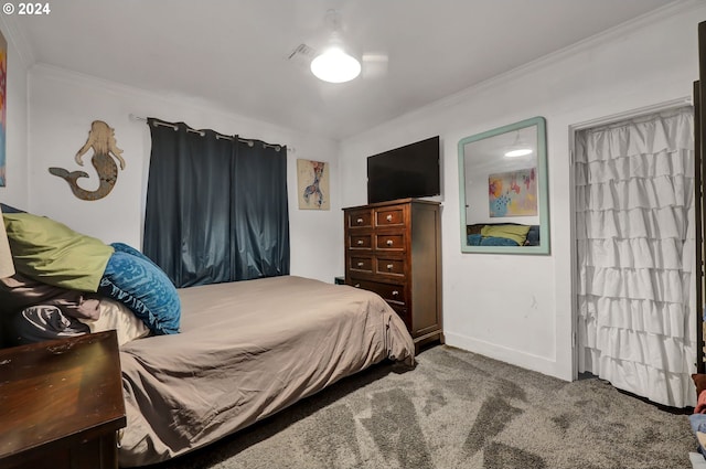 carpeted bedroom with crown molding