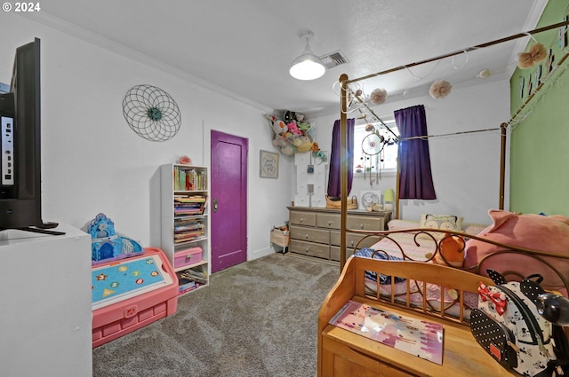 bedroom featuring carpet floors and ornamental molding