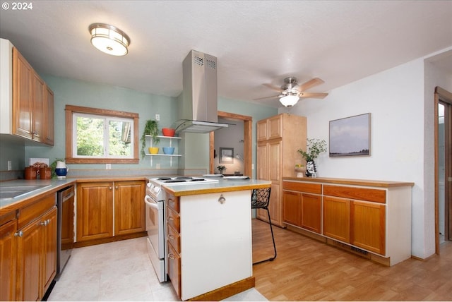 kitchen with island range hood, a breakfast bar area, white electric range, stainless steel dishwasher, and a center island