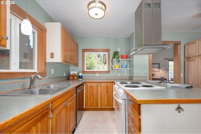 kitchen with island range hood, white range with electric stovetop, hanging light fixtures, stainless steel dishwasher, and sink