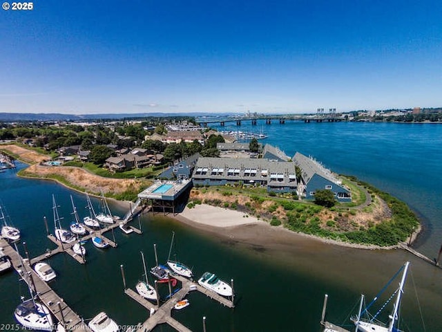 bird's eye view with a water view