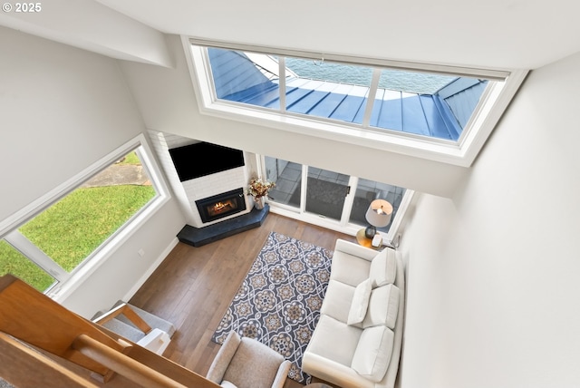 living room featuring plenty of natural light, baseboards, wood finished floors, and a glass covered fireplace