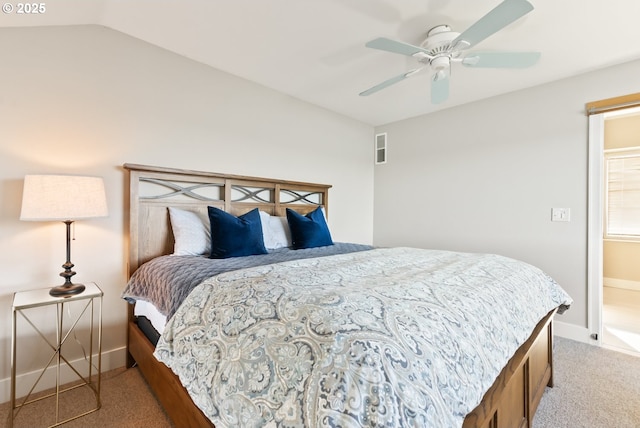 bedroom with visible vents, baseboards, lofted ceiling, ceiling fan, and carpet