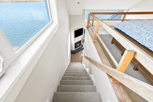 stairway featuring a water view and a warm lit fireplace