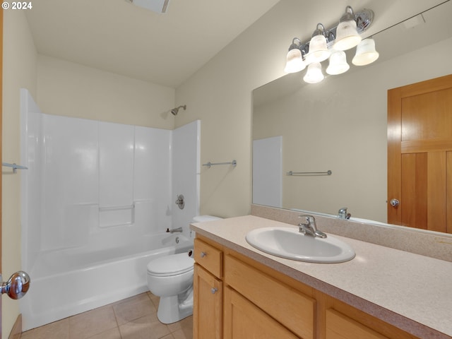 full bathroom with oversized vanity, tile flooring, toilet, and shower / bathtub combination