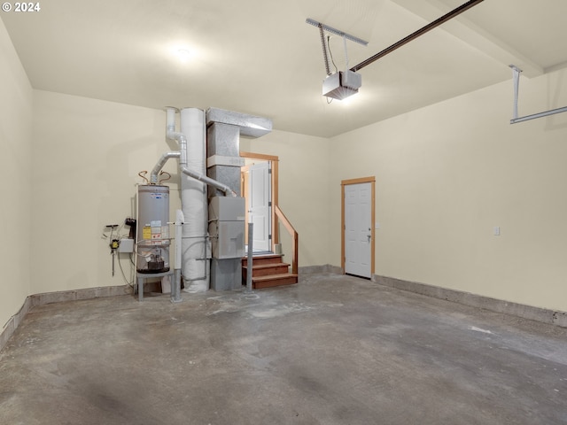 garage with a garage door opener and gas water heater