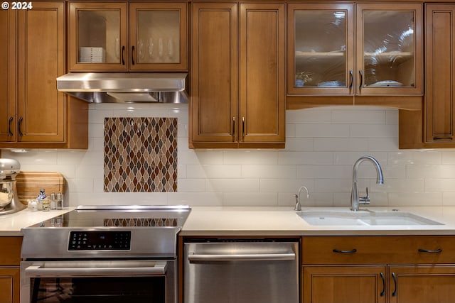 kitchen featuring stove, stainless steel dishwasher, exhaust hood, backsplash, and sink