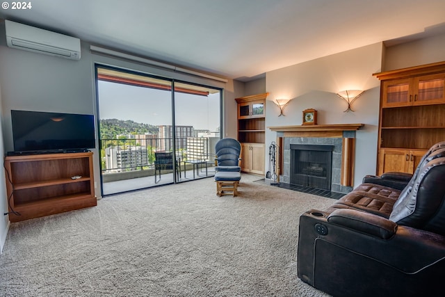 living room with an AC wall unit, carpet, and a fireplace