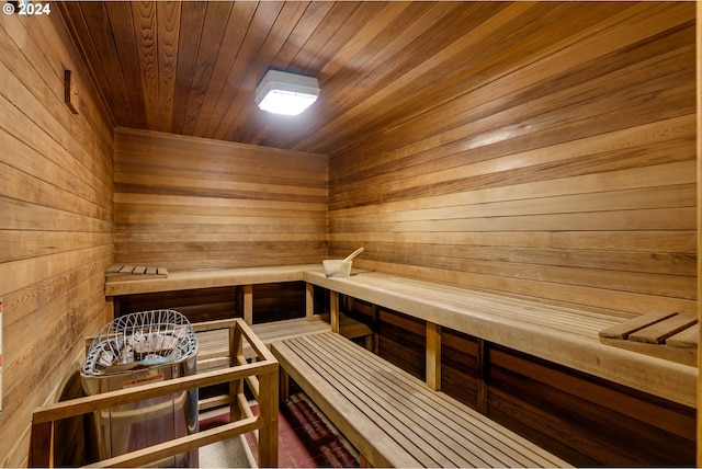 view of sauna featuring wood ceiling