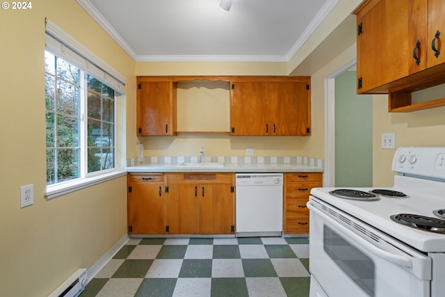 kitchen with white appliances, plenty of natural light, and crown molding