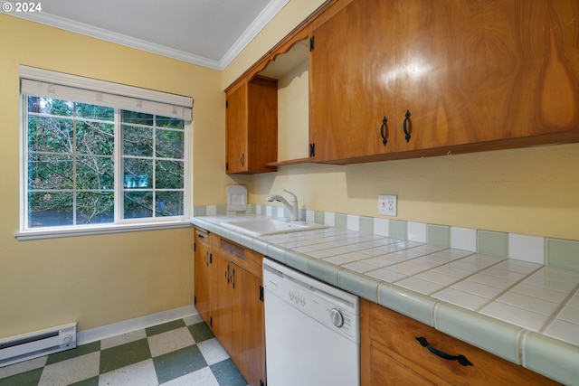 kitchen featuring dishwasher, plenty of natural light, baseboard heating, and crown molding