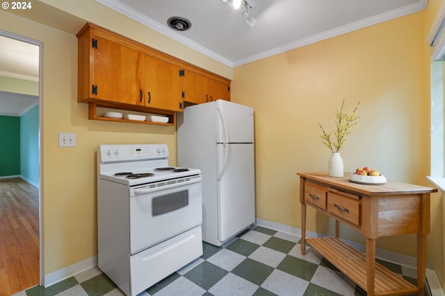 kitchen with white appliances and ornamental molding